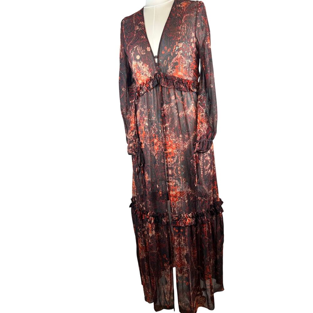 Intermix Silk Ruffle Button Front Maxi Dress Red Black Print Size S Pockets
